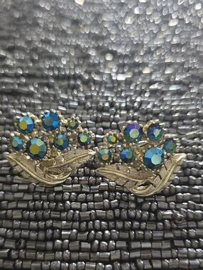 Coro Gold-Tone Floral Earrings with Blue-Green Aurora Crystals